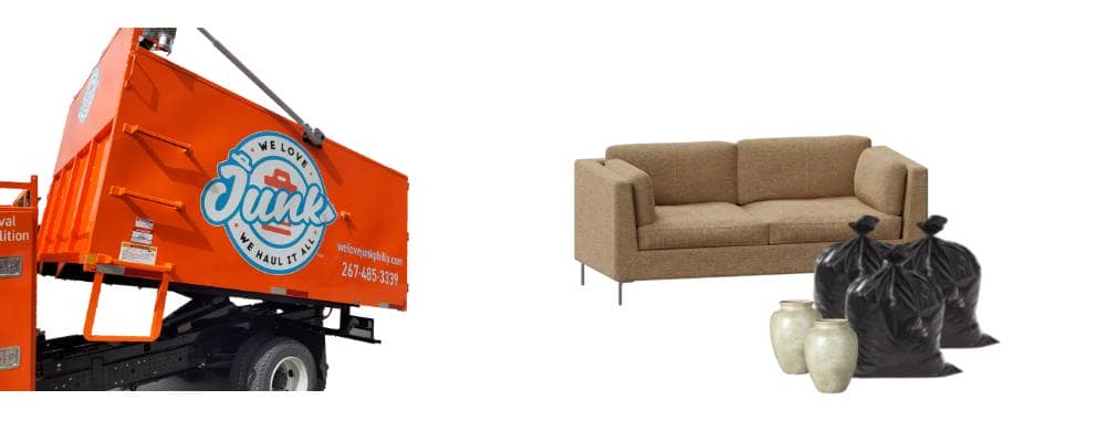1 We love junk truck on the left and a couch with black garbage plastics and a vase on the right