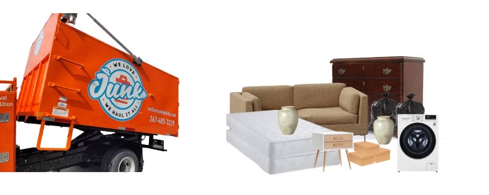 4 we love junk truck on the left and a couch with a vase, mattress, small drawer table, shoe boxes, washing machine and a cabinet on the right