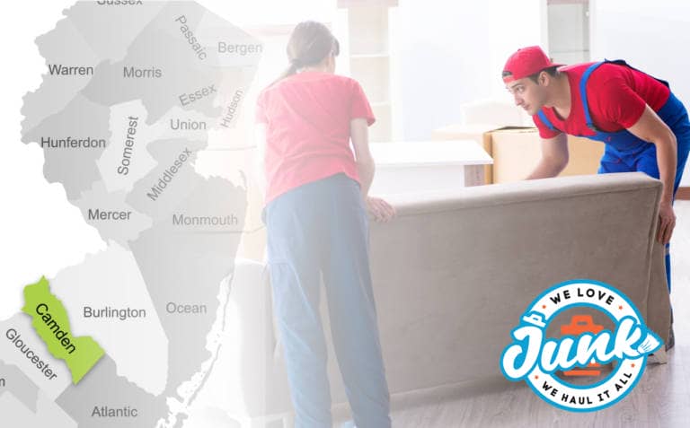 double exporsure image man and woman carrying a furniture and overlay image of new jersey map